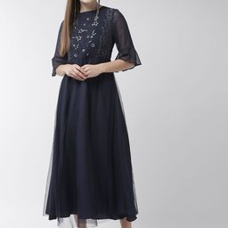 Antheaa Women Navy Blue Self-Design Net Maxi Dress-picture-5