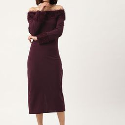 KHUMAAR Shuchi Bhutani Burgundy Off-Shoulder Fringed Polyester Knitted Party Bardot Dress-image-32