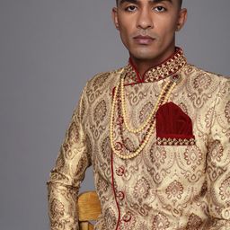 Manyavar Men Beige & Maroon Printed Sherwani and Churidar Set-23