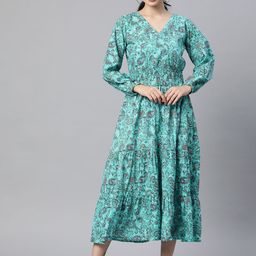 Indibelle Blue & Maroon Pure Cotton Paisley Print Maxi Dress-image-20