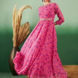 Sangria Bandhani Printed Georgette Ethnic Maxi Fit & Flared Dress With Belted Detail-image-19
