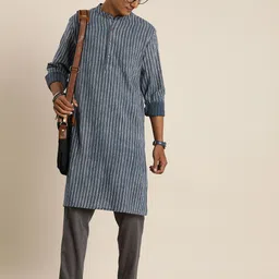 Taavi Men Indigo Striped Regular Pure Cotton Kurta with Trousers-picture-15
