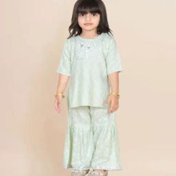 AJ Dezines Kids Green Cotton Embroidered Kurta Set-image-31