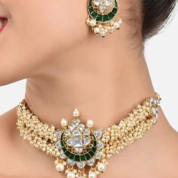 Zaveri Pearls Green Meenakari Clustered Pearls Patta Kundan Choker Necklace & Earring Set-ZPFK10236-image-80