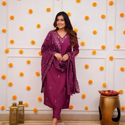 Moda Rapido Embroidered Gotta Patti Work Chanderi Silk Kurta With Trousers & Dupatta-image-67