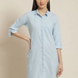Hancock Women Blue Solid Pure Cotton Formal Shirt Dress-image-101