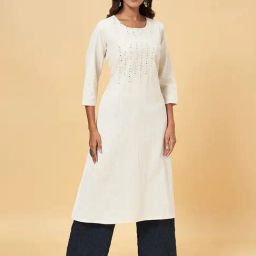 Rangmanch by Pantaloons Off-White Cotton Embroidered Straight Kurta-image-5