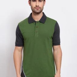 Kalt Green & Dark Grey Regular Fit Colour-Block Polo T-Shirt-image-93