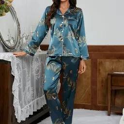 ETC Women Printed Lapel Collar Shirt & Pyjamas Night suit-picture-14