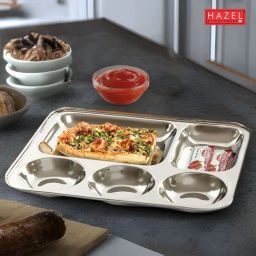 HAZEL Stainless Steel Compartment Mess Plate Steel Rectangle Bhojan Thali with Round Holes, Set of 6-image-79