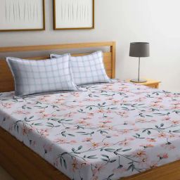 Klotthe Floral Multicolor 300 TC Cotton Blend Double Elastic Fitted Sheet with 2 Pillow Covers-image-44