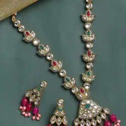 OOMPH Pink Beads with Kundan Long Necklace Set with Earrings-image-18