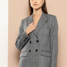 her by invictus Checked Peaked Lapel Double Breasted Longline Blazer-picture-5