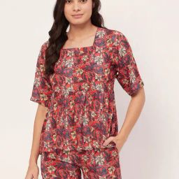 Moomaya Red Floral Print Top With Shorts-picture-9