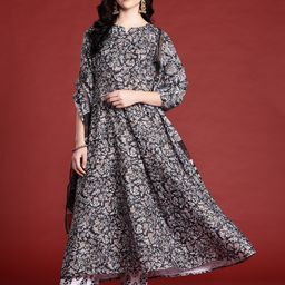 Anouk Floral Printed Regular A-Line Flared Kurta With Trousers & With Dupatta-3
