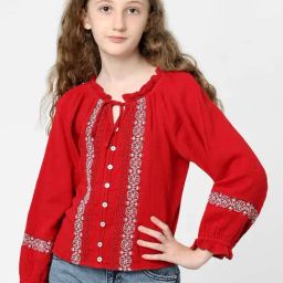 KIDS ONLY Red & White Cotton Embroidered Full Sleeves Top-image-98