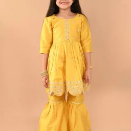 LilPicks Kids Yellow Embroidered Kurta With Sharara-image-43