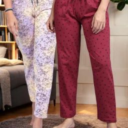 Kryptic Maroon & Light Purple Cotton Relaxed Fit Printed Lounge Pants - Pack of 2-image-58