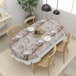 Clasiko Brown & White Geometric Printed Anti-Slip Oval Shaped 4-Seater Table Cover-18