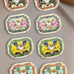 Oomph Meenakari Enamel Green Pink Yellow & Ferozi Rectangle Indo Western Stud Earrings - Set of 4-4