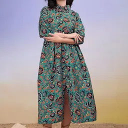 PURVAJA Floral Print Shirt Collar Puff Sleeve Fit & Flare Maxi Dress-picture-21