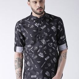 Hangup Men Charcoal & White Quirky Printed Straight Kurta-32