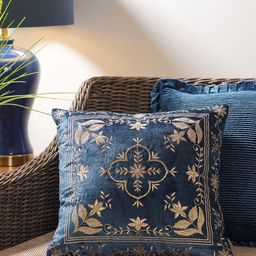 Pure Home and Living Blue & Gold Toned Embroidered Velvet Square Cushion Cover-picture-19