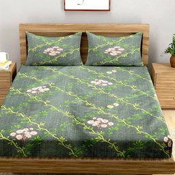A Homes Grace Green & White Floral 144 TC Queen Bedsheet with 2 Pillow Covers-image-92
