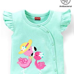 Babyhug 100% Cotton Knit Frill Sleeves Antibacterial Vest Flamingo Print - Green-image-31