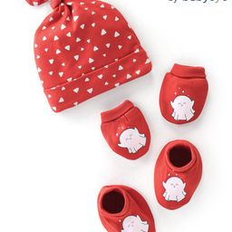 Babyoye 100% Cotton with Eco-Jiva Finish Triangle Printed Cap Mitten & Booties  -Red-picture-13
