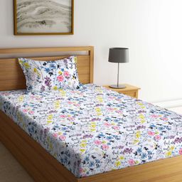Arrabi Floral Design TC Cotton Blend Single Size Bedsheet with 1 Pillow Cover ARSBS 1604 - White-image-57