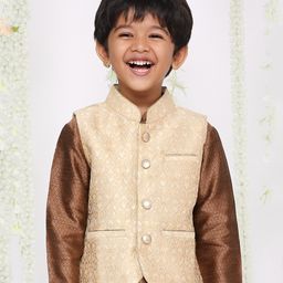 KID1  Sleeveless Banarasi Jacquard Paisley Motif Embroidered Nehru Jacket - Cream-image-86