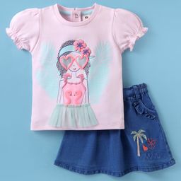 ToffyHouse 100% Cotton Knit Half Sleeves Top & Denim Skirt Set With Doll Print - Pink-image-26