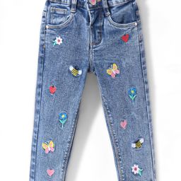 Babyhug Denim Full Length With Stretch Washed Jeans With Butterfly Embroidery - Grey-image-56