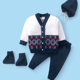 Babyhug Knit Full Sleeves Front Open Aztec Design Sweater Set with Cap & Booties - Navy Blue-picture-18