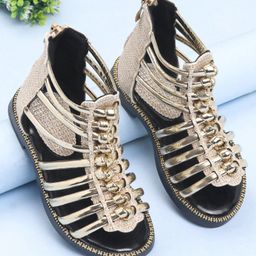 Oh! Pair Sandals with Zipper Closure & Floral Applique - Golden-image-60