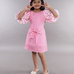PinkChick Cotton Half Sleeves Striped & Polka Dots Printed Dress - Pink-picture-19
