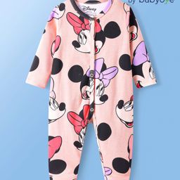 Babyoye Disney Interlock Knit Full Sleeves Front Open Minnie Mouse Printed Footed Sleep Suit - Pink-image-66