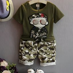 Googo Gaaga Cotton Half Sleeves Army Officer Patch Detailed Tee & Camouflage Printed Shorts Set - Green-image-91