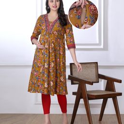 Bella Mama Woven Three Fourth Sleeves Floral Printed Maternity Kurta with Pocket - Mustard-picture-20