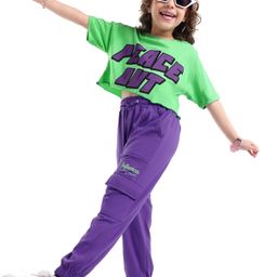 Ollington St. Sinker Knit Half Sleeves Peace Out Print Top & Joggers Set with Cargo Pockets - Green & Purple-14