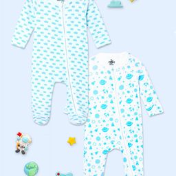 The Mom Store Cotton Knit Pack Of 2 Cotton Full Sleeves Clouds & Space Theme Printed Sleepsuits - White-picture-15