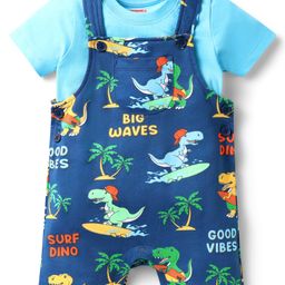 Babyhug Single Jersey Knit Dino Printed Dungaree Half Sleeves Inner Tee - Blue-image-87