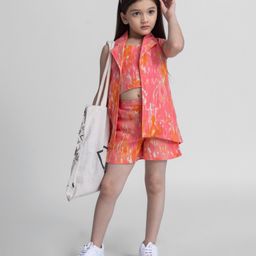Taffykids 100% Cotton Sleeveless Abstract Printed Crop Top With Coordinating Shorts & Jacket Set - Orange-image-1