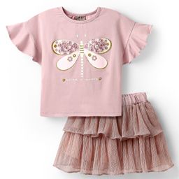 Little Kangaroos Cotton Woven Half Sleeves Top & Skirt Set With Butterfly Print & Applique - Purple-image-18