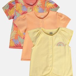 MINI KLUB Cotton Pack Of 3 Half Sleeves Solid & Leaves Printed Jhablas - Orange Yellow & Peach-image-78