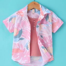 Dapper Dudes Half Sleeves Leaves Printed Shirt With Attached Tee - Peach-image-74