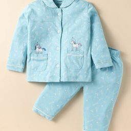 CUCUMBER Sinker Knit Full Sleeves Co-ords Night Suit With Unicorn Print - Light Blue-image-8