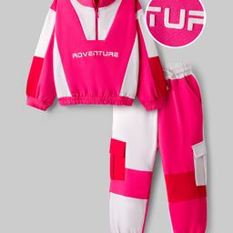 OLLINGTON ST. Cotton Knit Full Sleeves Color-Blocked Sweatshirt & Knit Joggers Set - Dark Pink & White-picture-7