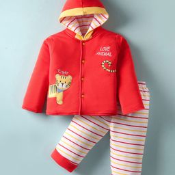 Child World Knit Full Sleeves Winter Wear Hooded Sweatjacket & Lounge Pant Set With Animal Embroidery - Red-picture-33